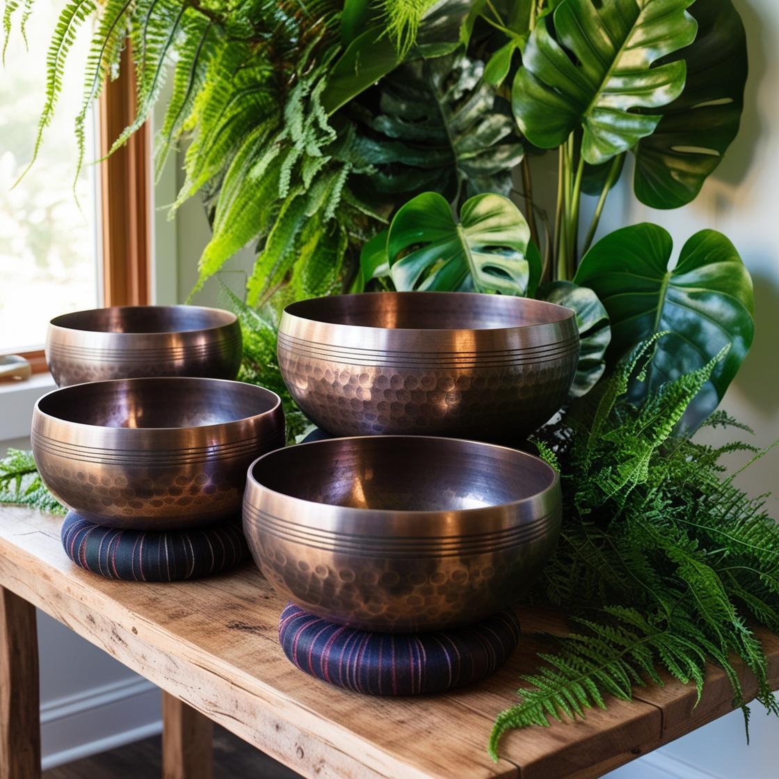 Himalayan singing bowls set on a wooden table surrounded by lush greenery in a sound therapy studio