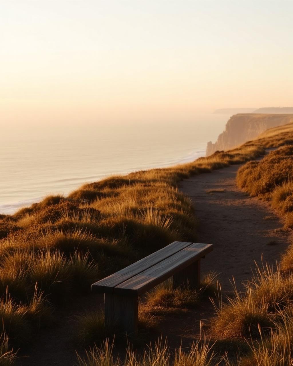 A simple wooden bench on a quiet coastal path overlooking the sea at golden hour