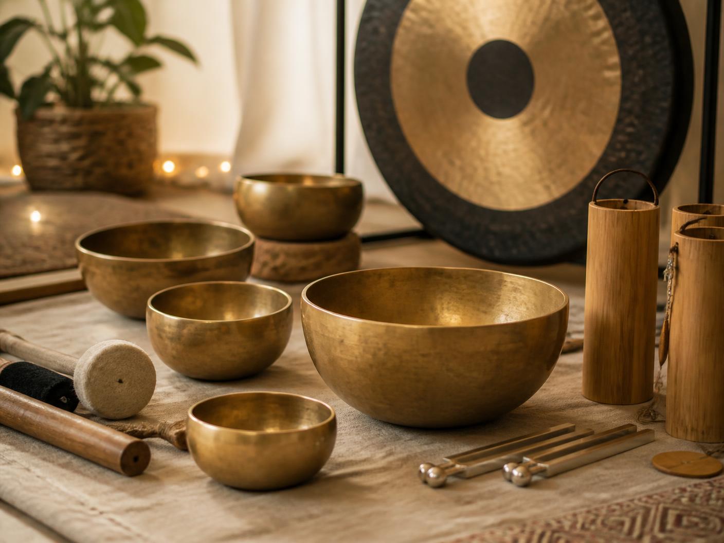 Himalayan singing bowls, a gong, tuning forks and koshi chimes on a linen mat in warm light